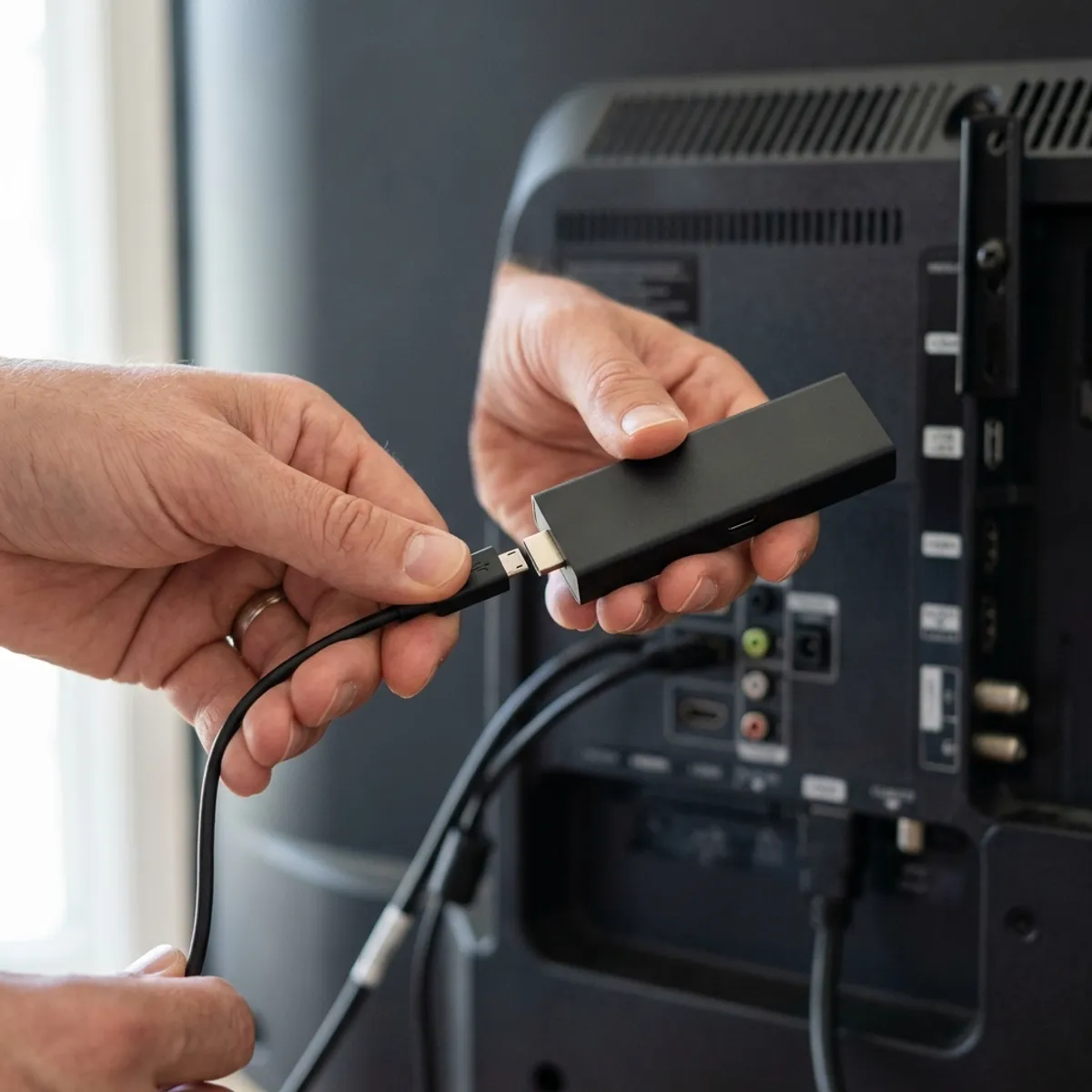 A Fire TV Stick plugged into the HDMI port of a television with a user holding a remote