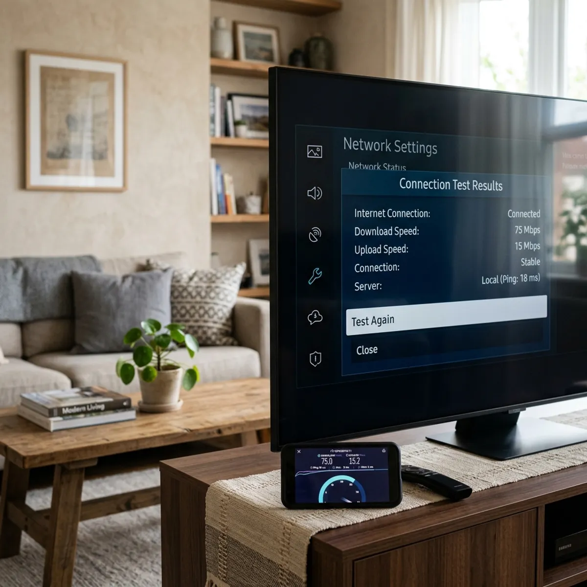 A user navigating through network settings and checking internet connection speed on a smart television