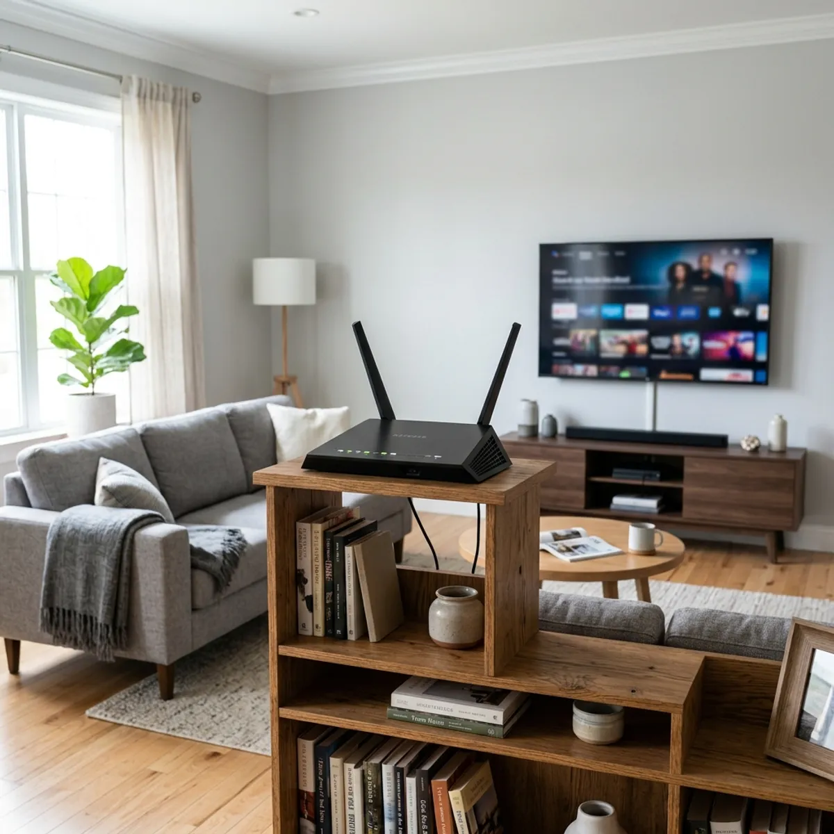 A clean modern living room setup with a router positioned openly on a media console next to the TV