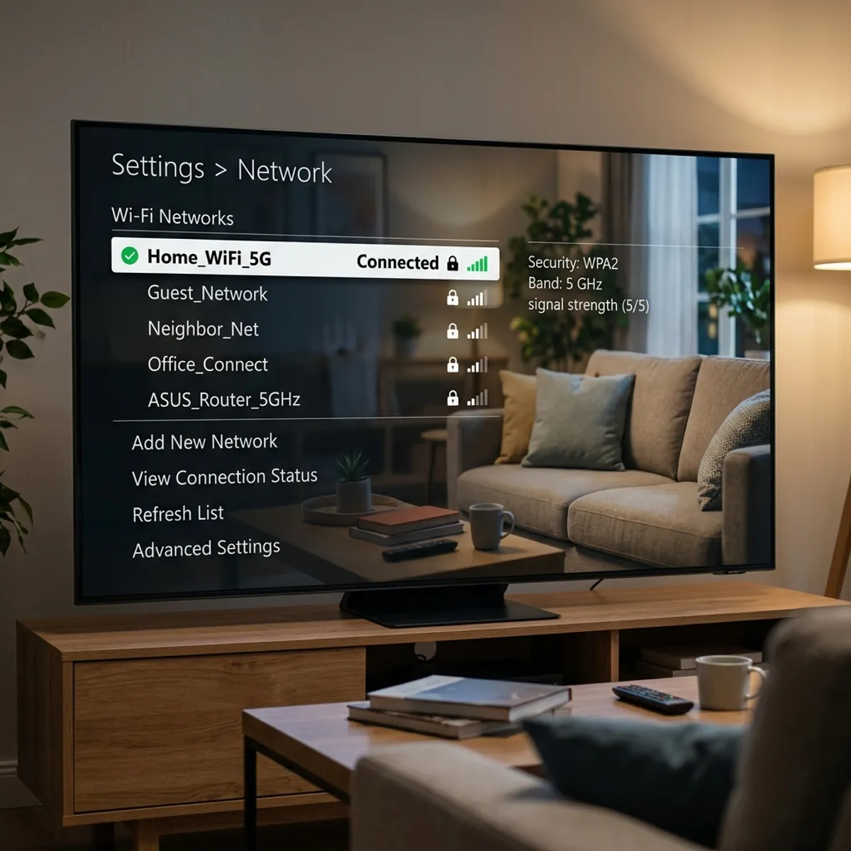 A user adjusting television network settings inside a bright modern living room