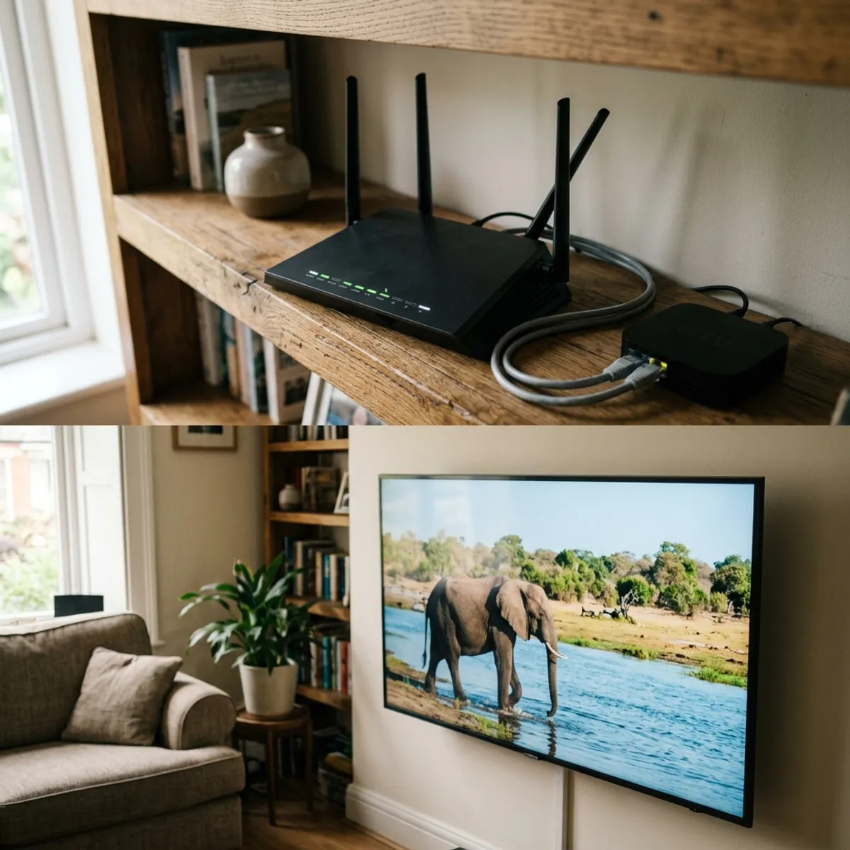 A clean home entertainment setup playing high quality video smoothly with a router and streaming player visible