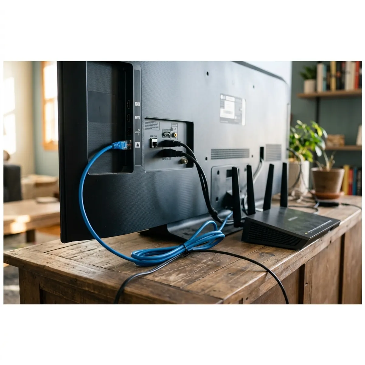 A side by side comparison showing a router sending wireless waves to a TV vs a clean physical Ethernet cable plugging into a smart TV